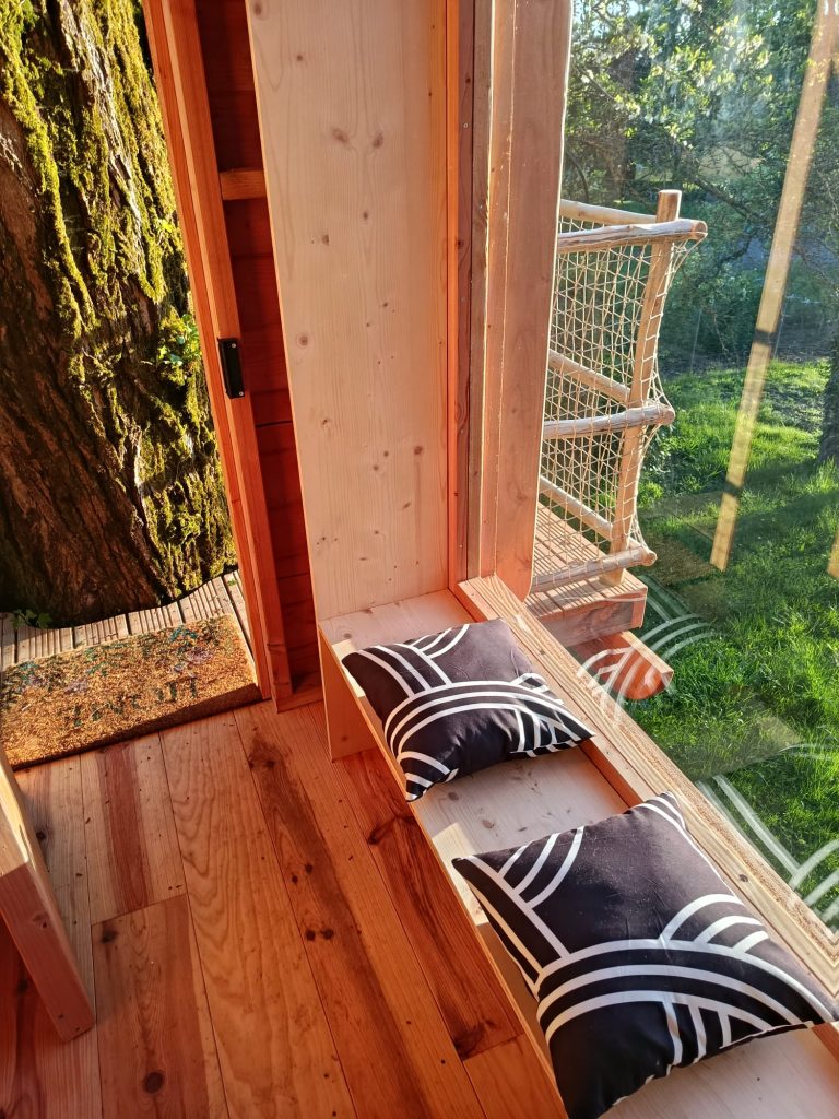 Vue de l'intérieur de la cabane dans les arbres en Haute-Savoie